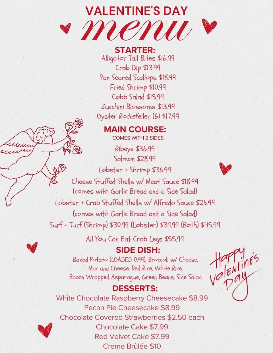 Printed menu with starters and mains.