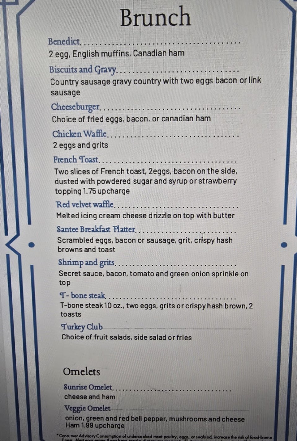Seafood, steak, and dessert selections listed.