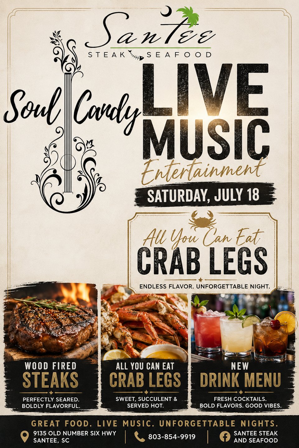 Menu page showing crab dip and ribeye.