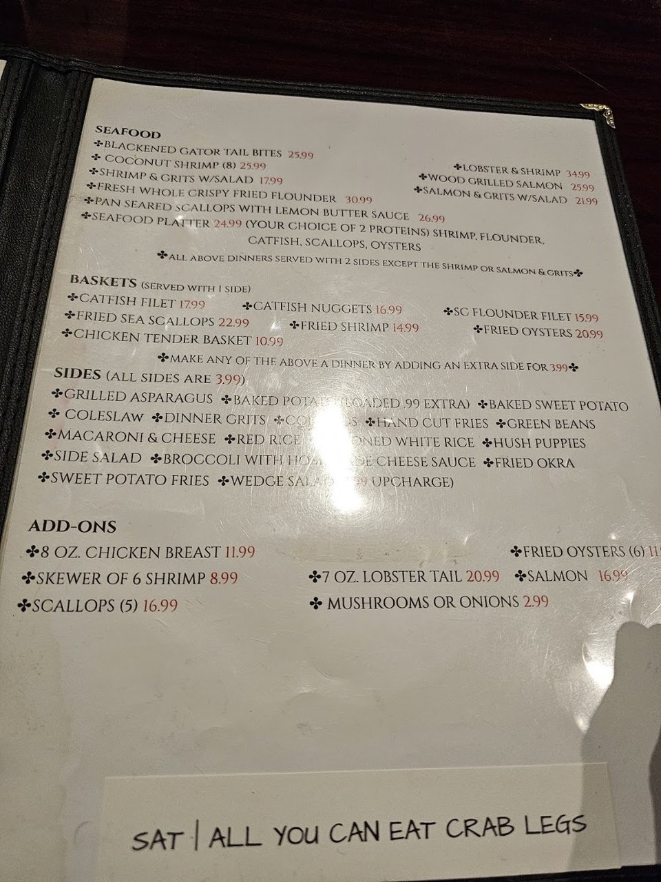 Restaurant menu with sides and sweets.